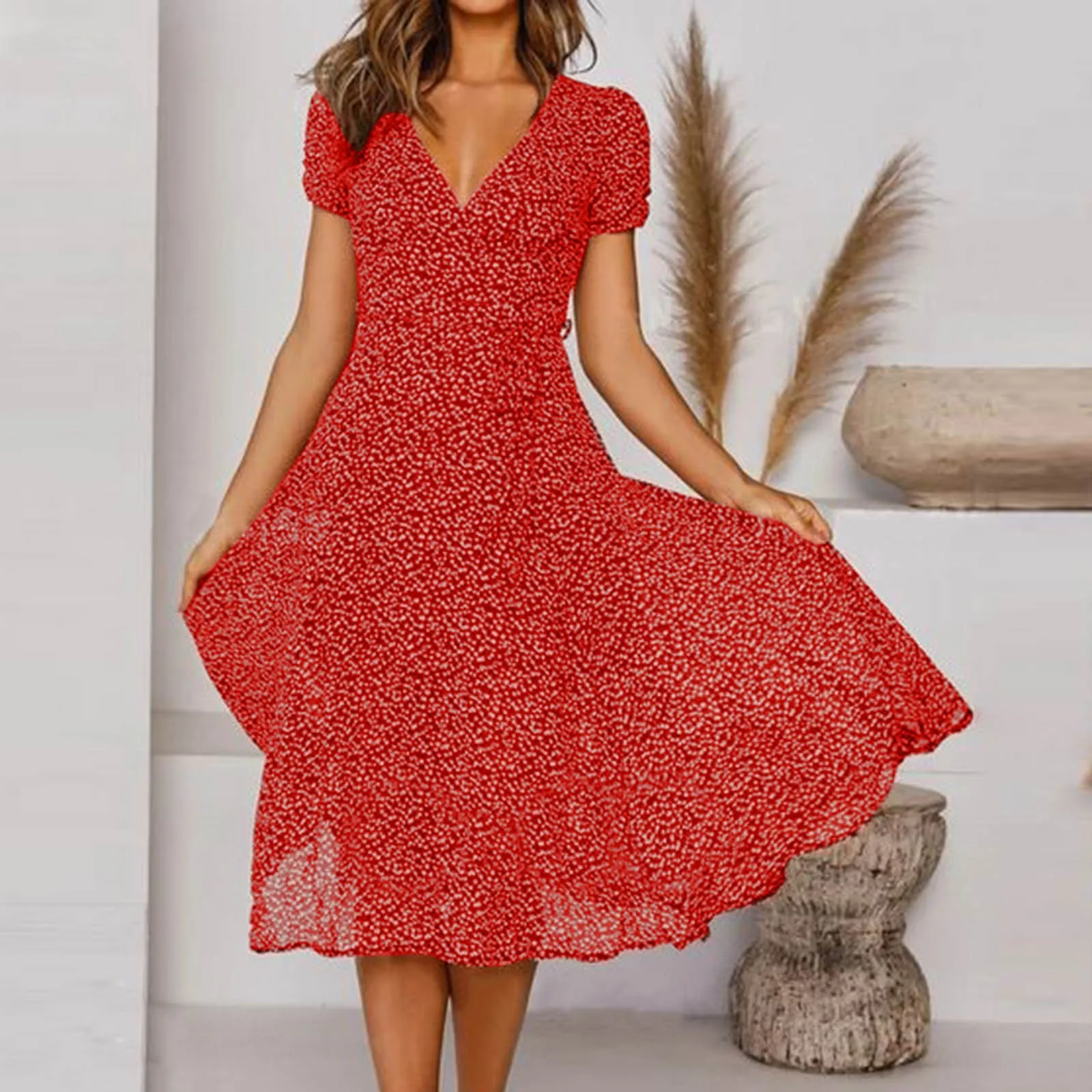Women Dress Casual Polka Dot Print Short Sleeve V-Neck Female Party Dress Loose Refreshing Dress Knee-length Vestido Женский 1