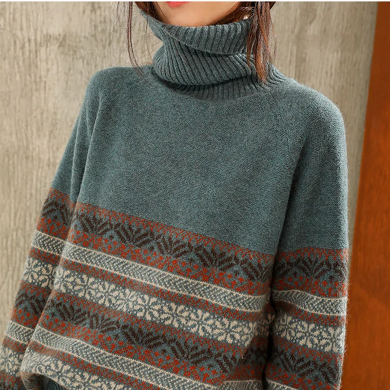 

JINJIAXIAN Autumn and Winter New Cashmere Sweater Women's High-Necked Pullover Loose Thick Sweater Short Paragraph Knit Shirt