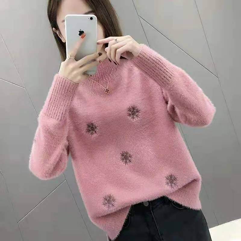 Женский теплый пуловер, зимний свитер высокого качества, мягкий мохеровый топ со снежинками, Осенний Повседневный бархатный толстый вязаный свитер 3XL - Цвет: Розовый