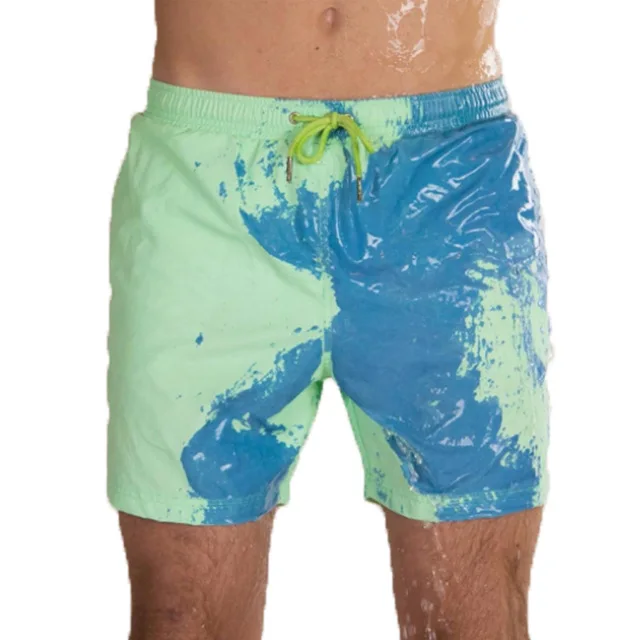 Мужские пляжные шорты, меняющие цвет, пляжные брюки для мальчиков, быстросохнущие, высокая температура, дисковый цвет, мужские шорты для бега в спортзале, летние шорты для плавания - Цвет: Green