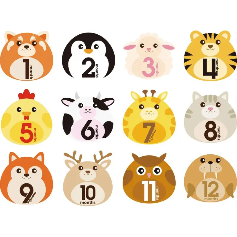 12 Pcs Animal First Year Monthly Milestone Photo Sharing Baby Belly Stickers 1-12 Months |
