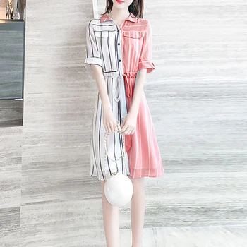 

Sexy Lady Turn-down Collar Summer Dress Striped Short Sleeves Buttons Midi Dresses Casual Short Shirt Vestidos