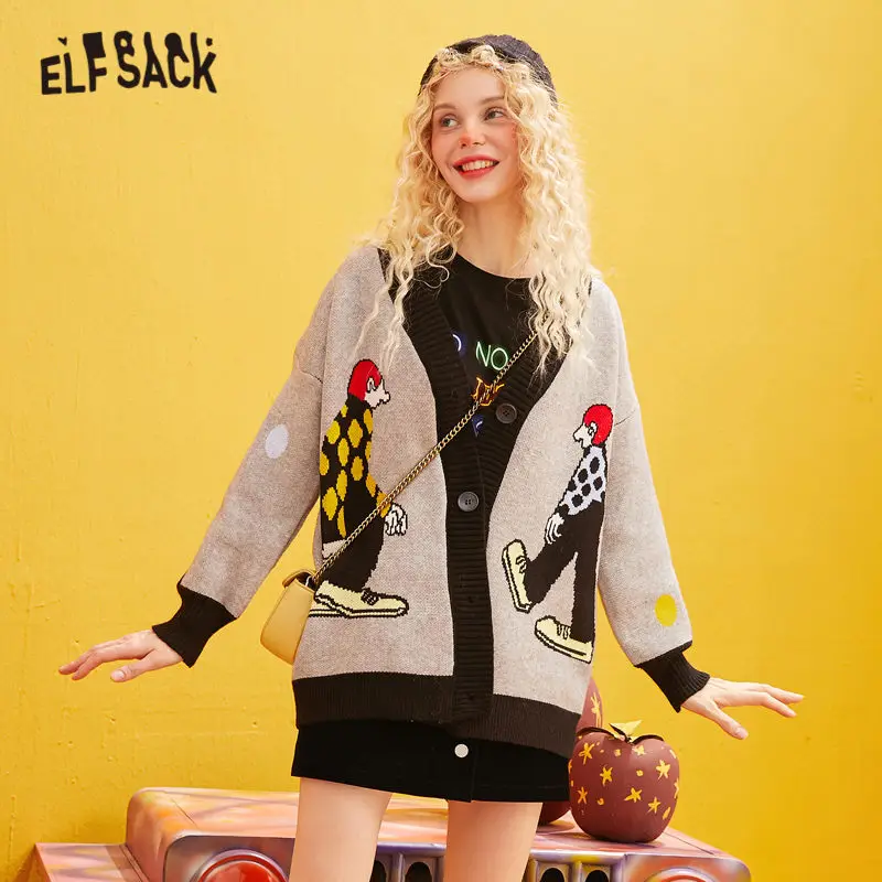 Женский вязаный кардиган ELFSACK красный с мультипликационным принтом в Корейском
