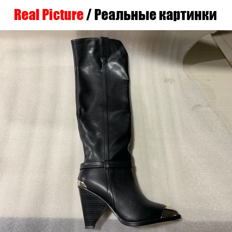 BONJOMARISA/женские сапоги до колена из коровьей кожи «Челси» на высоком каблуке-шпильке женские вечерние туфли с острым носком и металлическим украшением Размеры 33-43