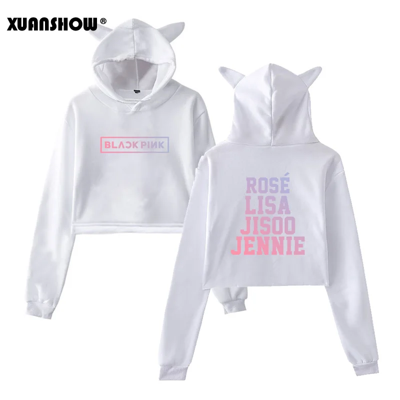 White Gradient XUANSHOW сексуальный короткий Милый Толстовки женские Толстовки Длинный рукав BlackPink Kpop одежда Толстовка с капюшоном - Цвет: White Gradient