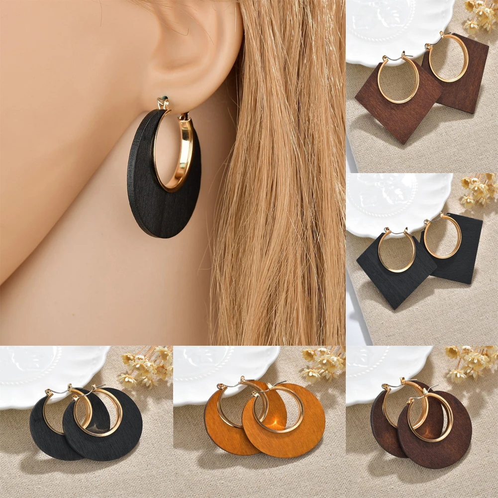 

Dangle Ethnic Geometric Big Wooden Earrings For Women Vintage Earrings Gold Dangle Drop Earring Female Fashion Boho Jewelry