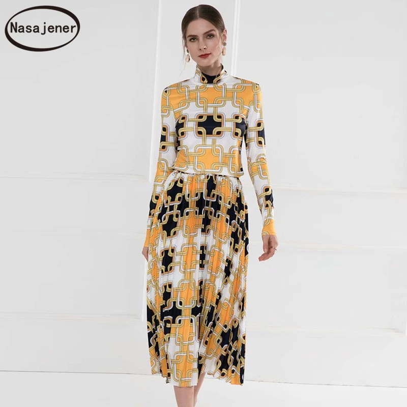 

Runway Fashion Spring Summer Elegant Vintage Printing Stand Collar Elastic Force Tops + Pleated Mid-Length Skirts Female Outfit