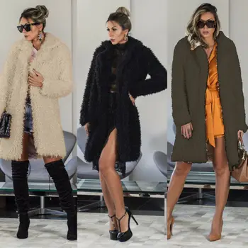 

Women Winter Warm Fuzzy Fluffy Long Coat Fleece Fur Jacket Outerwear for ladies furry black dark light brown coffee
