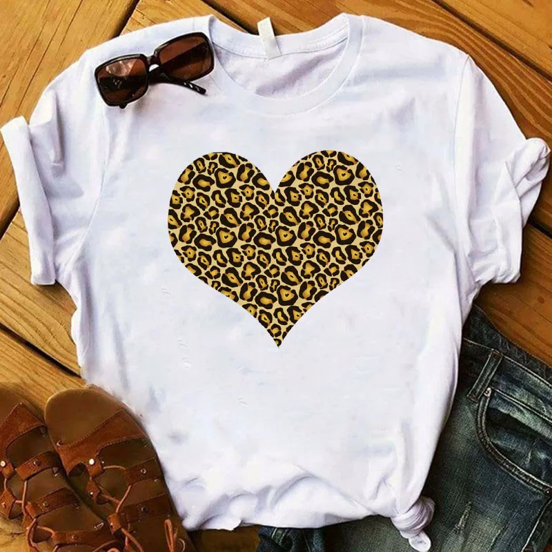 

Women T shirts Love Heart Leopard Printed Summer Funny Short Sleeve Graphic Tee Shirt Female Harajuku T Shirt Tee Top_T-Shirts