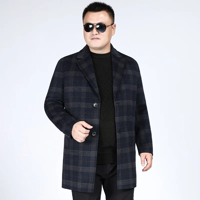 

Middle Age Men Wool Grid Coat Plus Fat Increase Double-sided Woolen Coat Fat Man Chao Big Code Medium Length Tender Winter