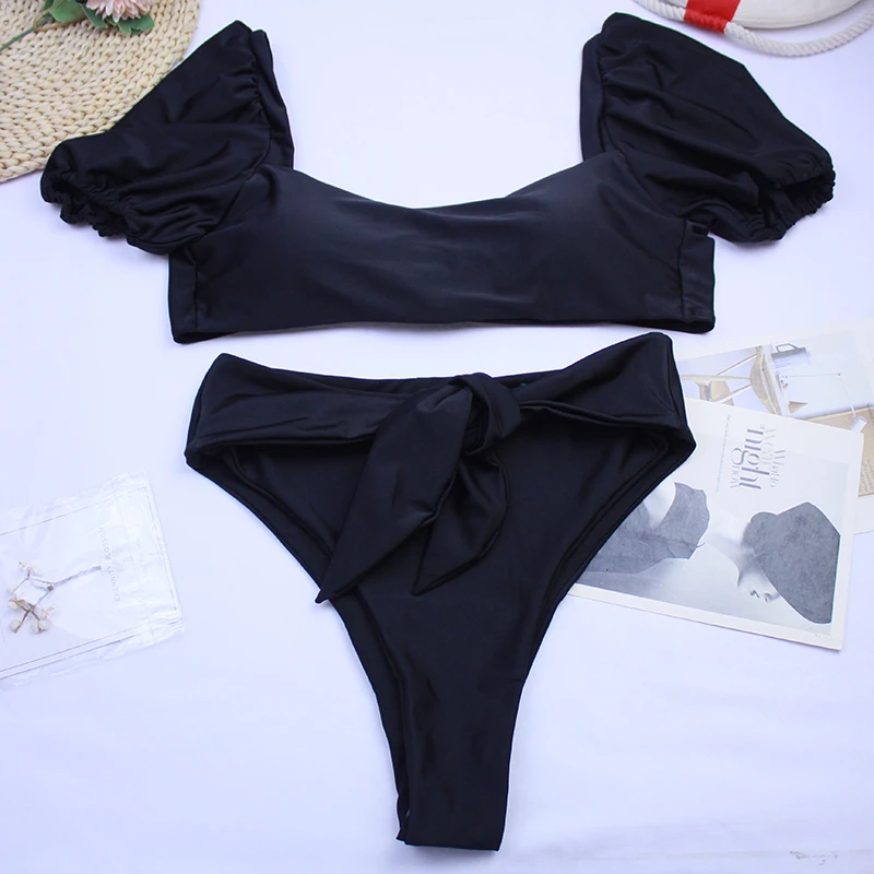 Sexy Bikini 2022 New 2 Piece Women Swimsuit Solid Color Short Puff Sleeve Summer High Waist Cut Backless Bathing Suit Beachwear plus size bikini sets