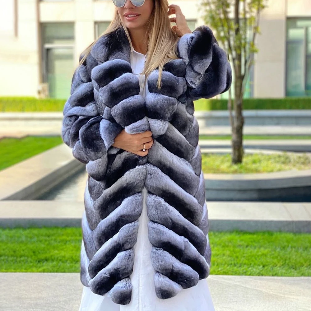 Q.FURDREAM New Natural Rex Rabbit Fur Coat Width Sleeves Big Lapel Luxury  Fashion Winter Warm Thick Stripes Woman Clothing