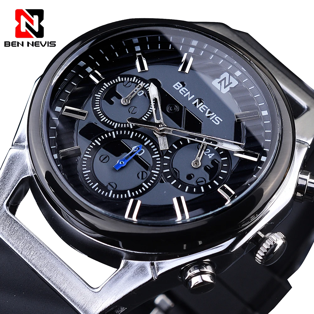 

Men's Wristwatch Clock Black Silver Chronos Watch Waterproof BEN NEVIS Watches with Silicone Band Relojes Hombre 2020 Moderns