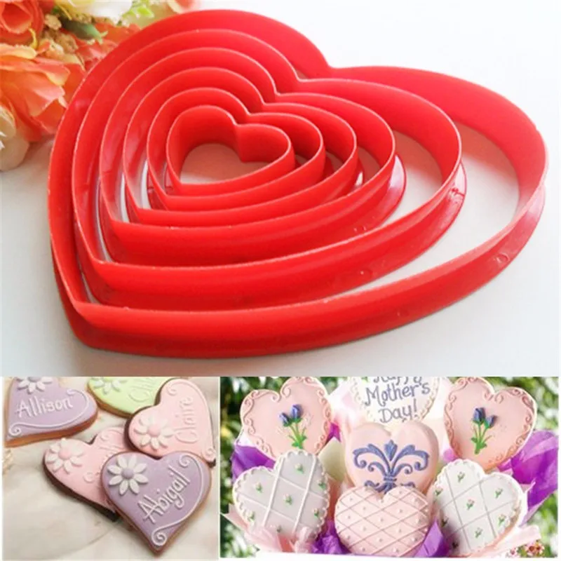 Cake Mold Cookie Cutters 6pcs/set Love Heart Shaped Plastic Cake mold cookie cutter biscuit stamp fondant Sugar Craft pastry cake decorating tools