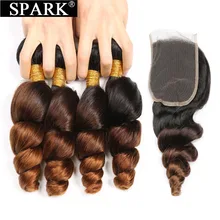 Mechones de ondas sueltas peruanas con cierre, extensión de cabello Remy 1B/4/30 Spark, extensiones de cabello humano mechones con relación media de cierre
