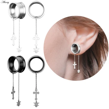 

Alisouy 2pcs Stainless Steel Cross Skull Chain Pendant Ear Tunnel Ear Expander Piercing Ear Stretchers Tunnels oreja Piercing