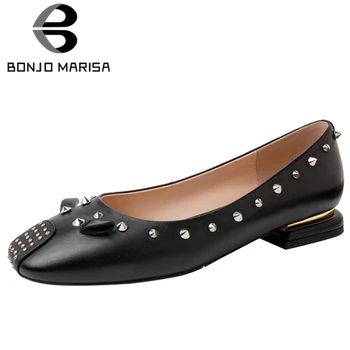 

BONJOMARISA Big Size 33-41 New Ladies Genuine Leather Pumps Fashion Rivet Chunky Heel Pumps Women Party Office Shoes Woman