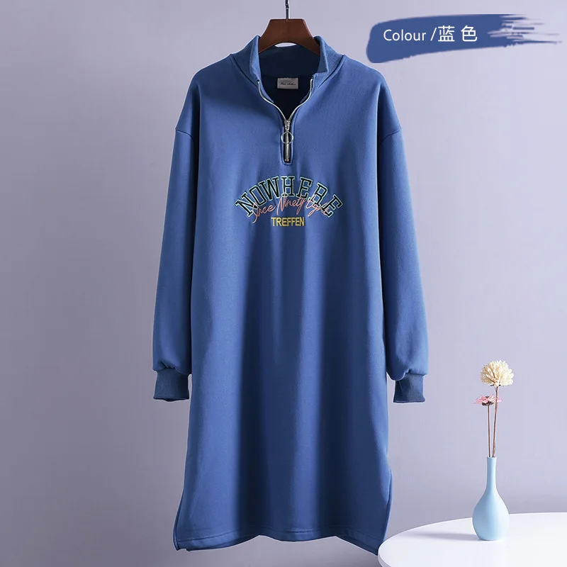 blue Осень и зима корейский длинный свободный свитер с капюшоном женский воротник-стойка плюс толстый бархат для женщин размера плюс платья - Цвет: blue