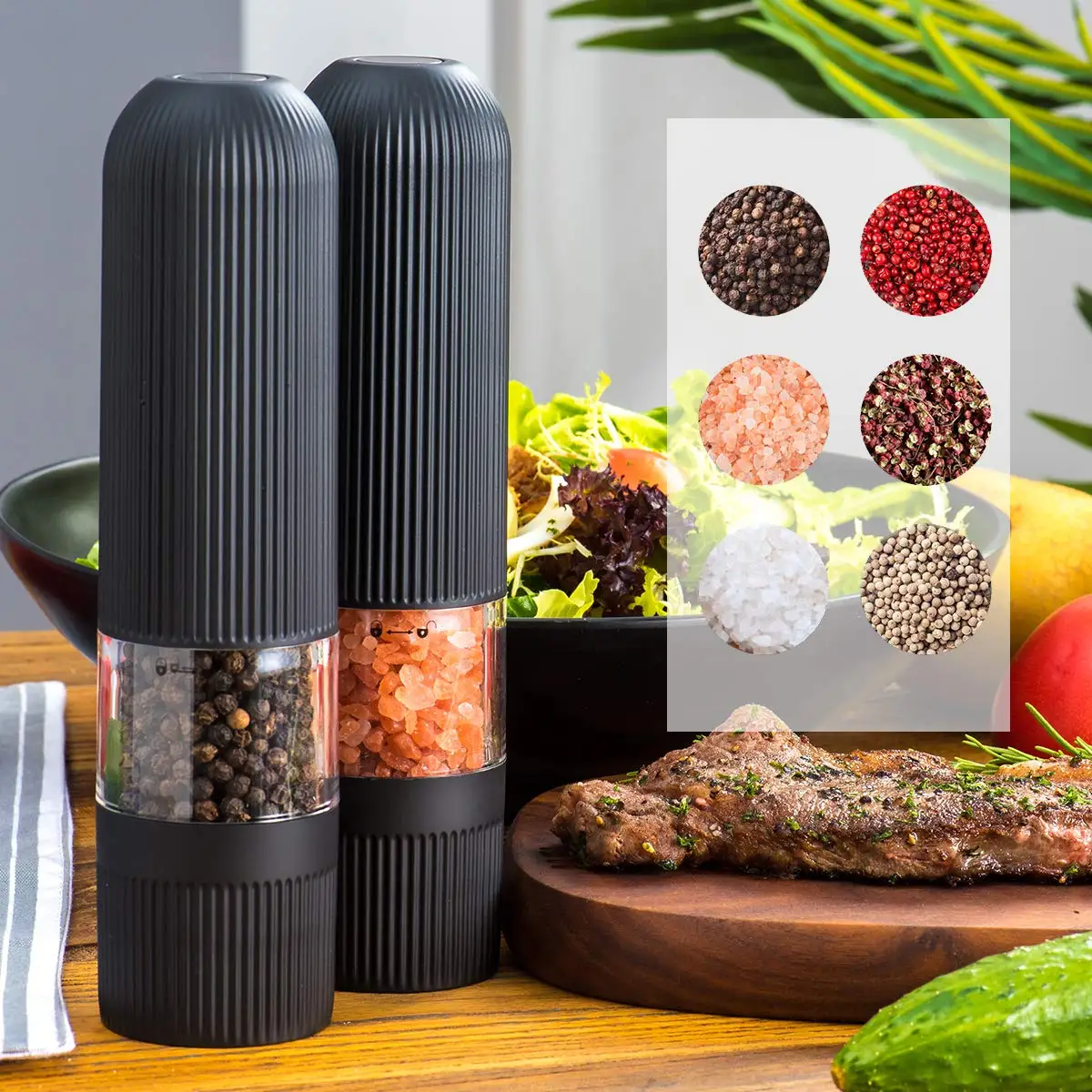 Battery Operated Salt and Pepper Grinder Set Electric Automatic One Handed Salt Pepper Mill with Bright Light