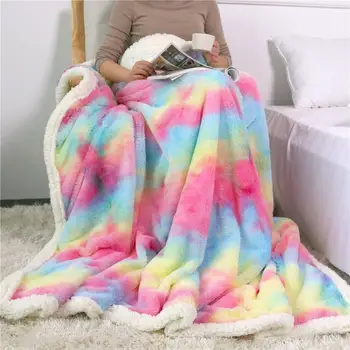 

Rainbow Faux Fur Blanket Fluffy Plush Tie Dye Throw Blankets for Sofa Bed Reversible Design Plush Blankets Quilt
