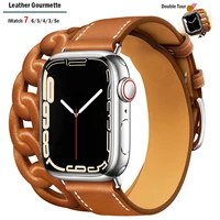 Leer Gourmette Double Tour Strap Voor Apple Horloge Band 45Mm/41Mm Correa 42/38Mm 44mm 40Mm Armband Iwatch Serie 7 6 5 4 3 Se