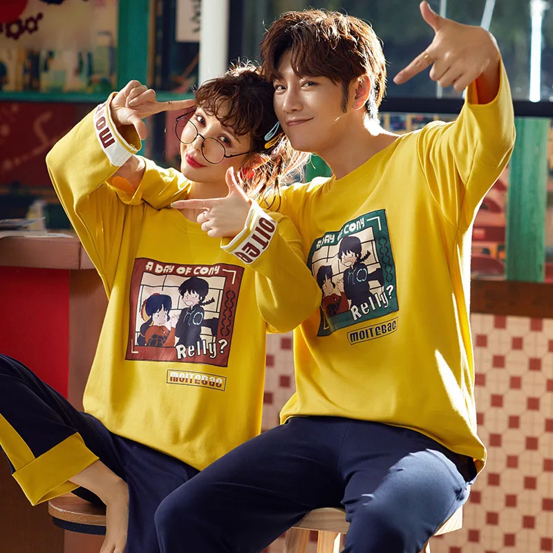 

Couples Pajamas Women Long Sleeve Pure Cotton Spring And Autumn Korean-style Thin Youth Men Autumn And Winter Tracksuit-Outer We