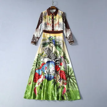 

Spring 2020 for European and American women's wear Animal and plant printing Long sleeve lapel Fashion dress