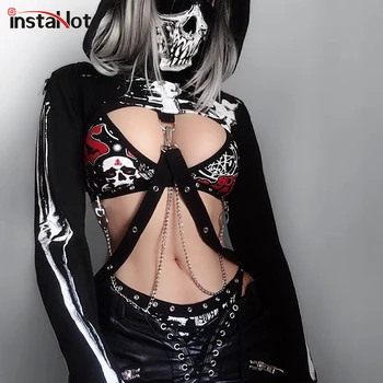 

InstaHot Gothic Punk Hooded Hoodies Women Black Skeleton Print Mask Long Sleeve Crop Tops 2019 Fashion Halloween Top Sweatshirt