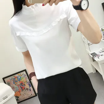 

Women Blouse White Shirt Top Femme Casual Stand OL Work Solid Blouses 2 Styles