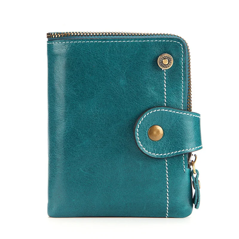 

RFID Women's Wallet Leather Short Wallet Women's Oil Wax Cowhide Pocket Girl Zipper Purse Leather Purse