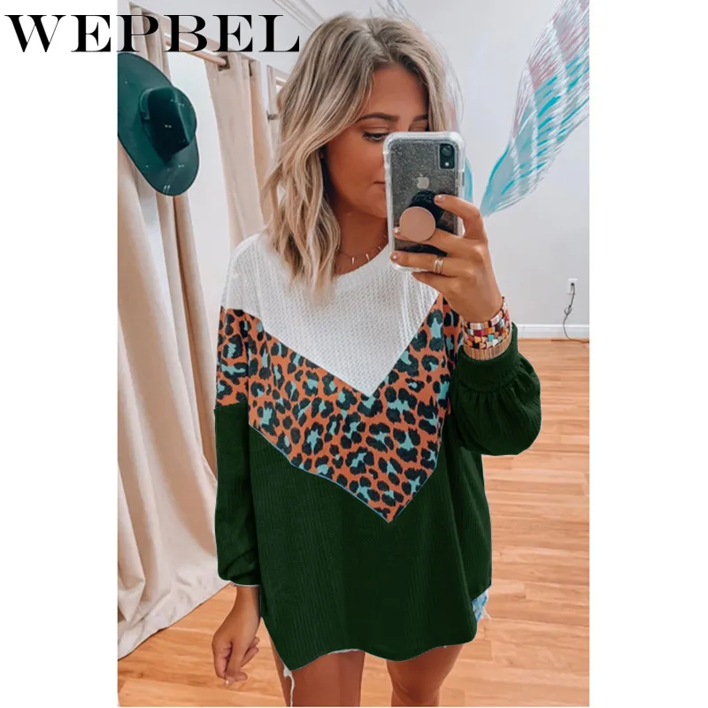 

WEPBEL Autumn Fashion Printed Leopard Loose Sweater Women's Casual Long Sleeve O-Neck Stitching Sweater Tops