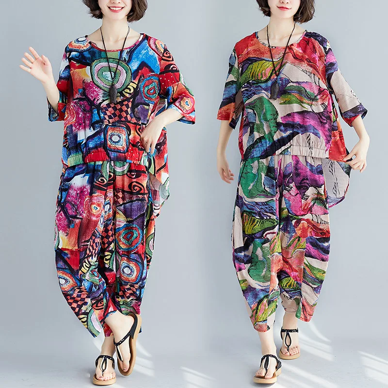 

Photo Shoot Summer New Style Large Size Dress Cotton Linen Set Literature And Art Retro Loose Loose Pants Two-Piece Set