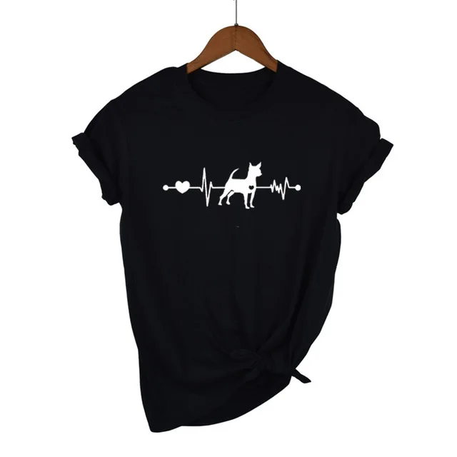 Сердцебиение собака породы чихуахуа влюбленные девушки подарок футболка сердцебиение лапы собаки футболка для женщин короткий рукав хлопок футболки харадж - Цвет: Black