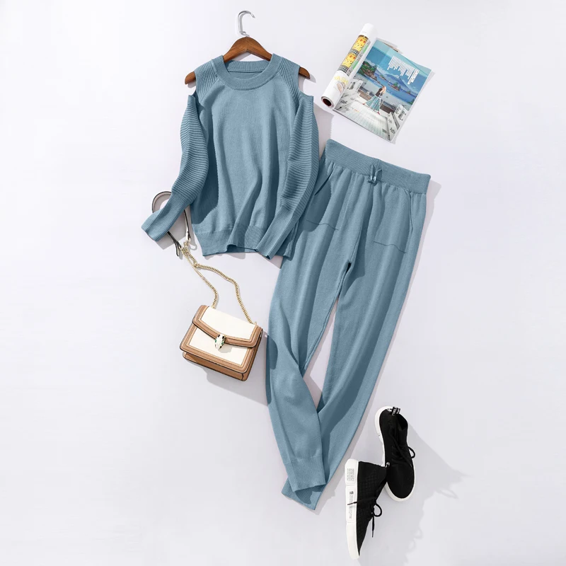 Dark blue sets FORERUN Женский комплект из двух предметов свитер с открытыми плечами топ и брюки Зимний вязаный спортивный костюм повседневная одежда Conjunto Deportivo Mujer - Цвет: Dark blue sets