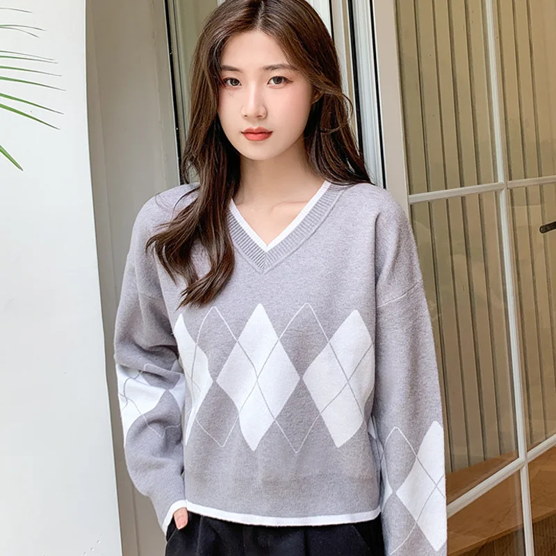 

Модный осенний джемпер Zoki в клетку с узором ромбиками, простой элегантный свитер в стиле пэчворк с V-образным вырезом, корейские женские топы с длинными рукавами, новинка для улицы