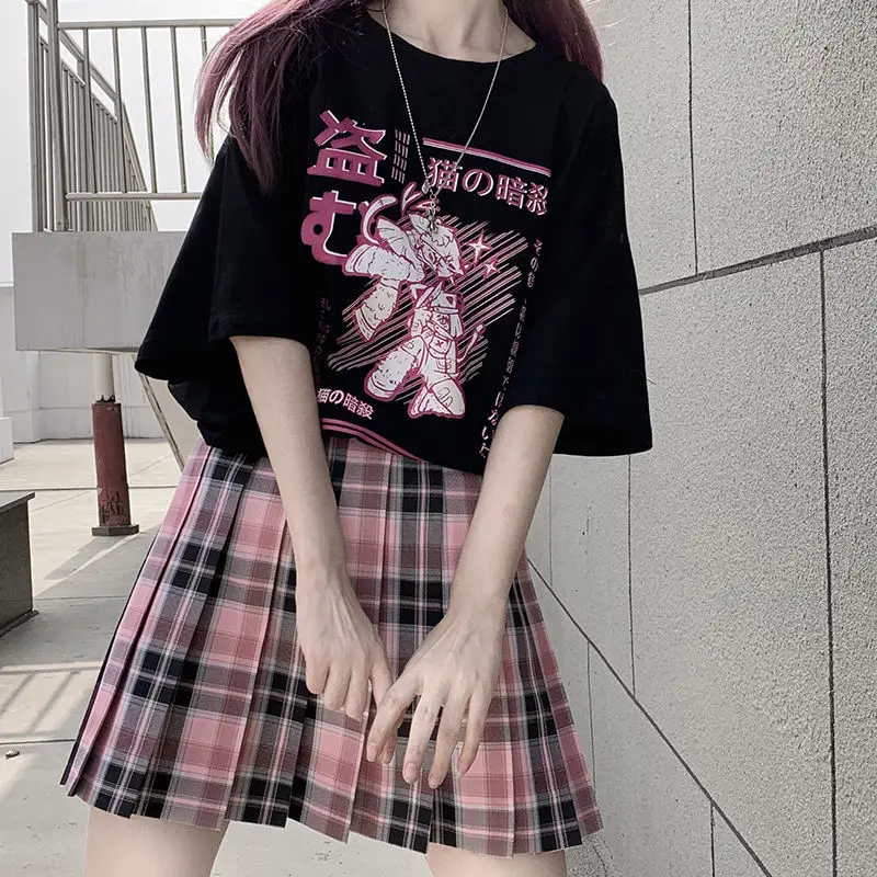 미적 Camisas Mujer 하라주쿠 티셔츠 Kawaii 닌자 고양이 인쇄 검은 여름 한국 팝 Streetwear 여성 세련된 캐주얼 탑스 티셔츠