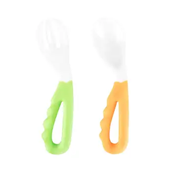 

2PCS Baby Spoon Fork Set Babe Eating Tool Training Food Supplement Combination Curved Grip Heat Resistant Soft Self-Learning