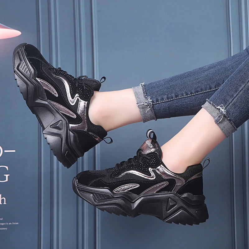 Черные и серые кроссовки женская повседневная обувь на платформе коллекция 2019