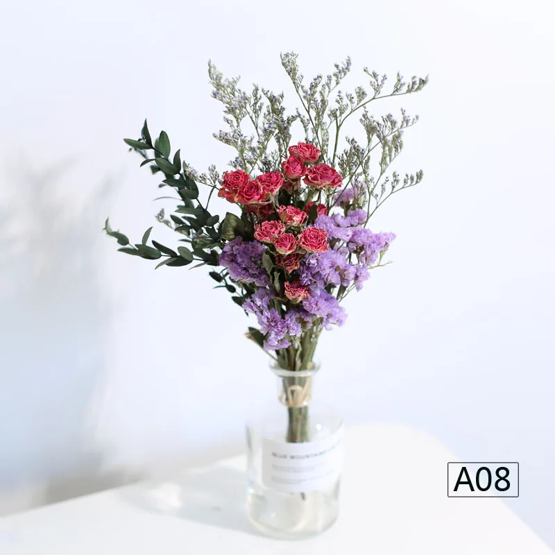 Сухой цветок искусственный букет из сушеных цветов розы Forget-me-not листья эвкалипта северные растения украшение для дома комнаты с вазой - Цвет: A08with vase