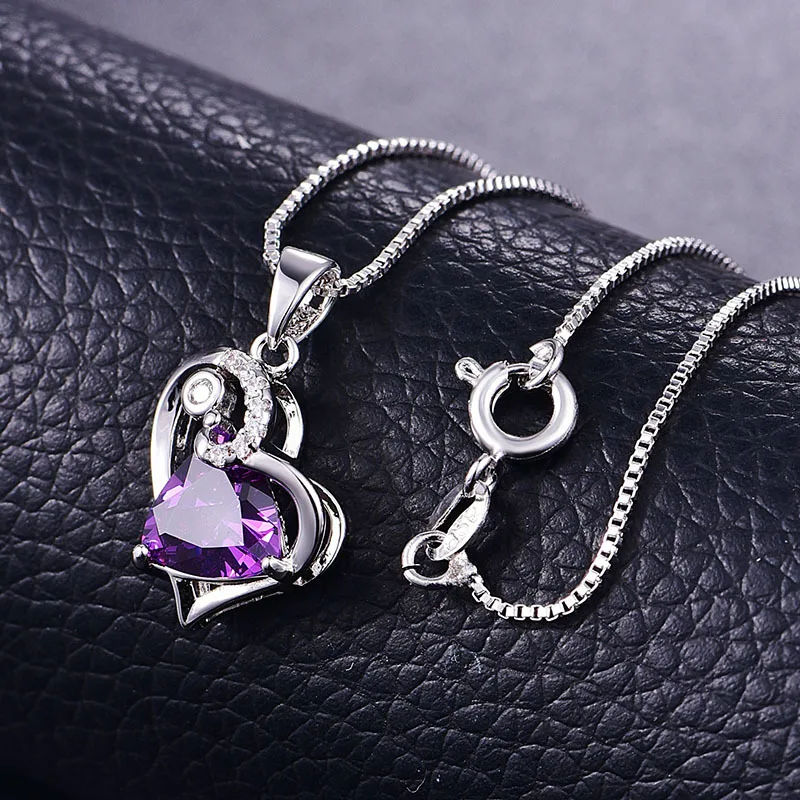 PANSYSEN блестящее сердце кулон ожерелье s для женщин 925 из стерлингового серебра, рубиновое Аквамарин драгоценный камень прекрасное ювелирное ожерелье - Цвет камня: Фиолетовый