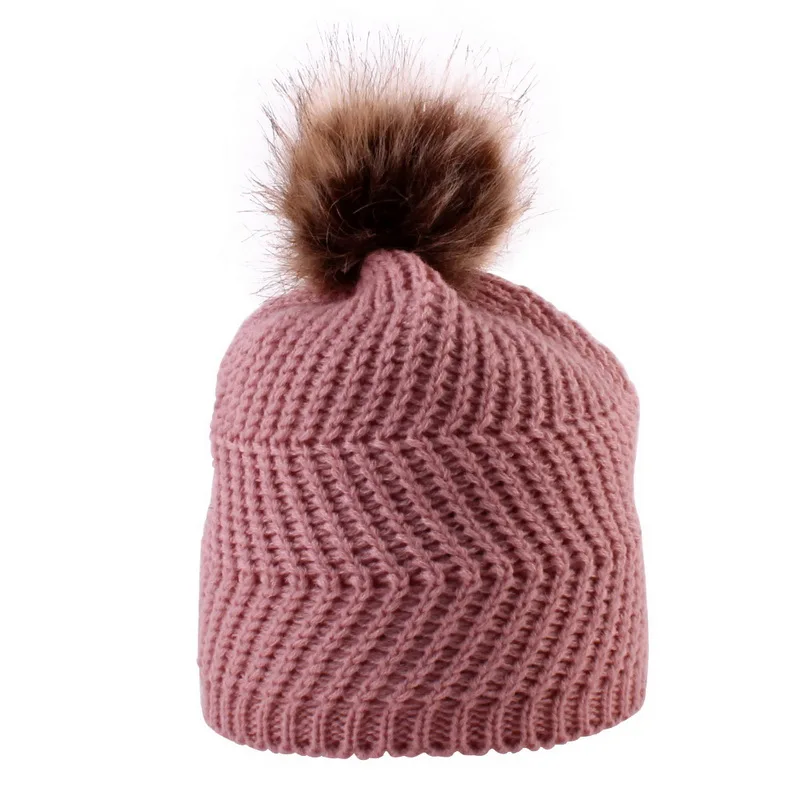 Aisputent родитель-Детские шапочки с помпоном теплый мех енота Bobble Mommy Beanie шапки Дети хлопок вязаный мама детская зимняя шапка шапки