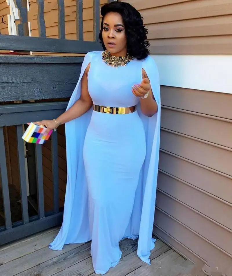 Light Blue Plus Cape Evening Dress 2019 
