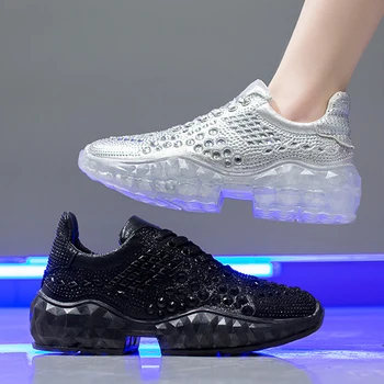 

New Women Platform Sneakers Personality Rhinestones Dad Shoes Lace-up Non-slip Wear-resistant Thick Bottom Trend Women Shoes