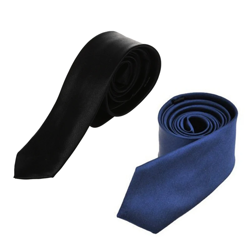 

Polyester Narrow Neck Tie Skinny Solid Dark Blue Thin Necktie for Men (2 inch Max Width) & Black Polyester Skinny Necktie Neckti