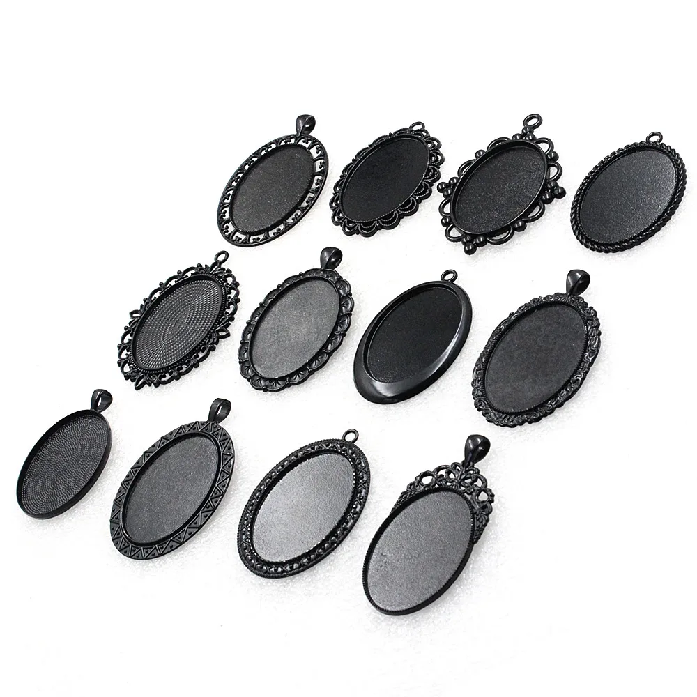 

Fit 30x40mm Oval Cabochons Pattern Glass Cameos Black Frame Settings Bezel Tray For DIY Necklace Making Accessories 2pcs K06248