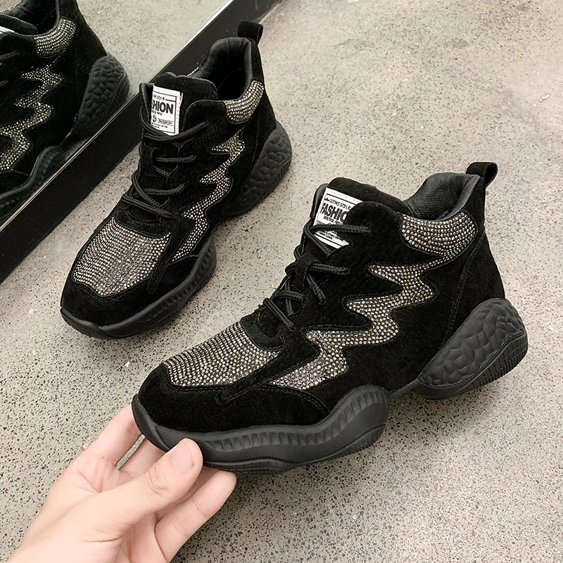 2019 Winter New Women Chunky Sneakers Thick Sole Casual Crystal Platform Sneakers Comfortable Sports Shoes Black Sneakers