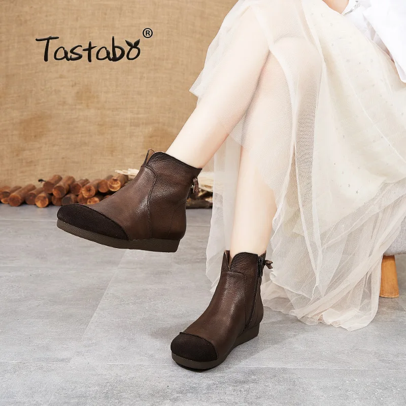 Tastabo 2019 autumn and winter ladies ankle boots Handmade vintage leather everyday shoes Brown Black S335 women's boots 35-40