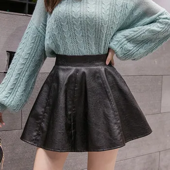 

2020 New Fashion Women Faux Leather Vintage Skirts Elastic High Waist Skater Flared Pleated Stretch Mini Skirt#G30