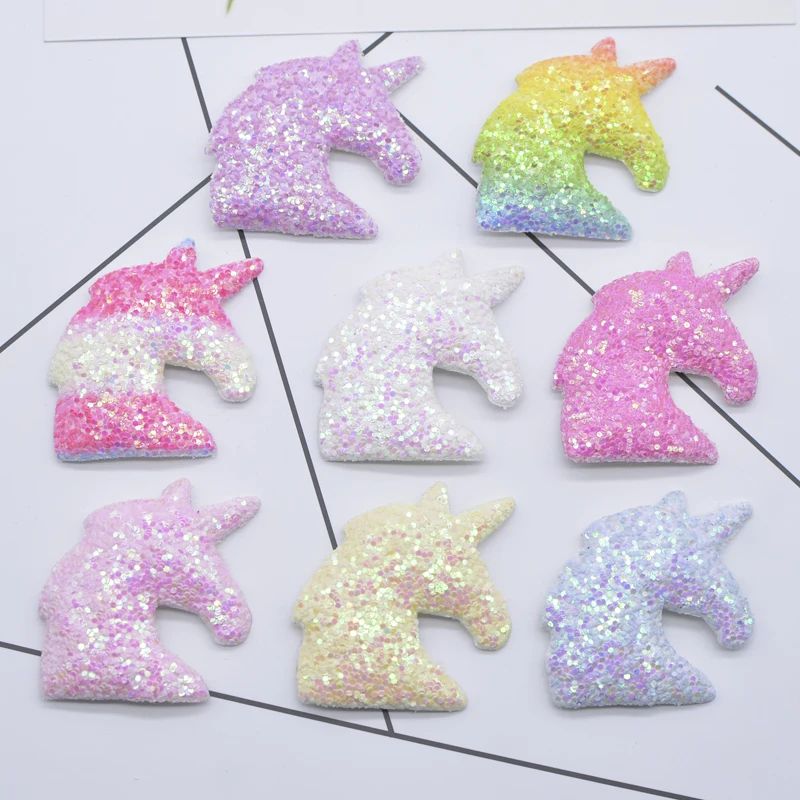 16 Stücke 43*43mm Glitter Leder Gepolsterte Einhorn Applikationen für DIY Kleidung Pelzkugel Nähen Patches Kopfbedeckung Haarnadel Zubehör N24