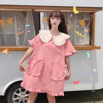 

Japanese Summer Mori Girl Dress Harajuku Cute Peter Pan Collar Short Sleeve Loose Straight Dress Vintage Kawaii Pink Dress
